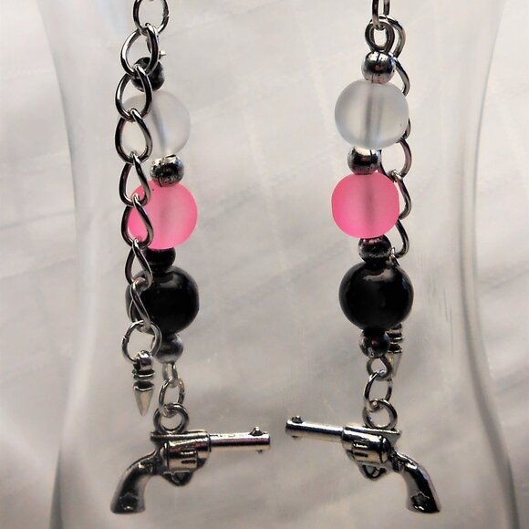 No. 4 Handmade earrings with Tibetan silver 3D revolvers charms and frosted glas - Picture 1 of 2